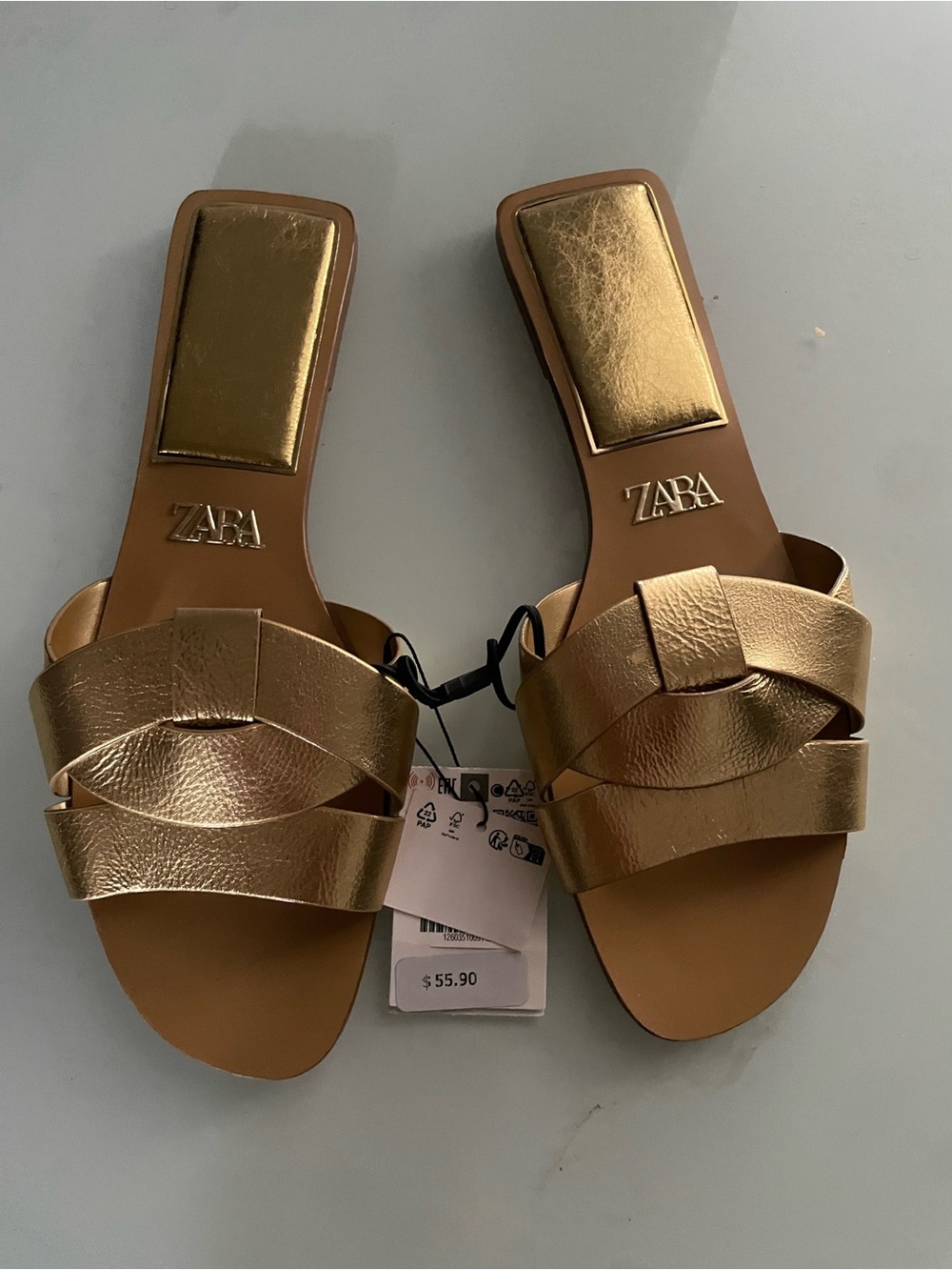 ZARA Metallic Gold Braided Strap Slide Sandals